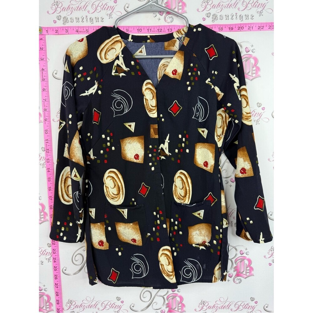 Vintage top Black Patterned Blazer Jacket with Gold & Red Accents navy